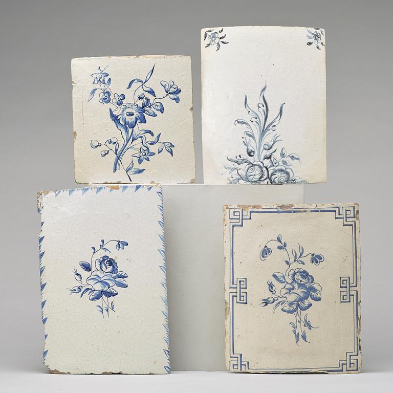 Four ceramic tiles, 18th century.