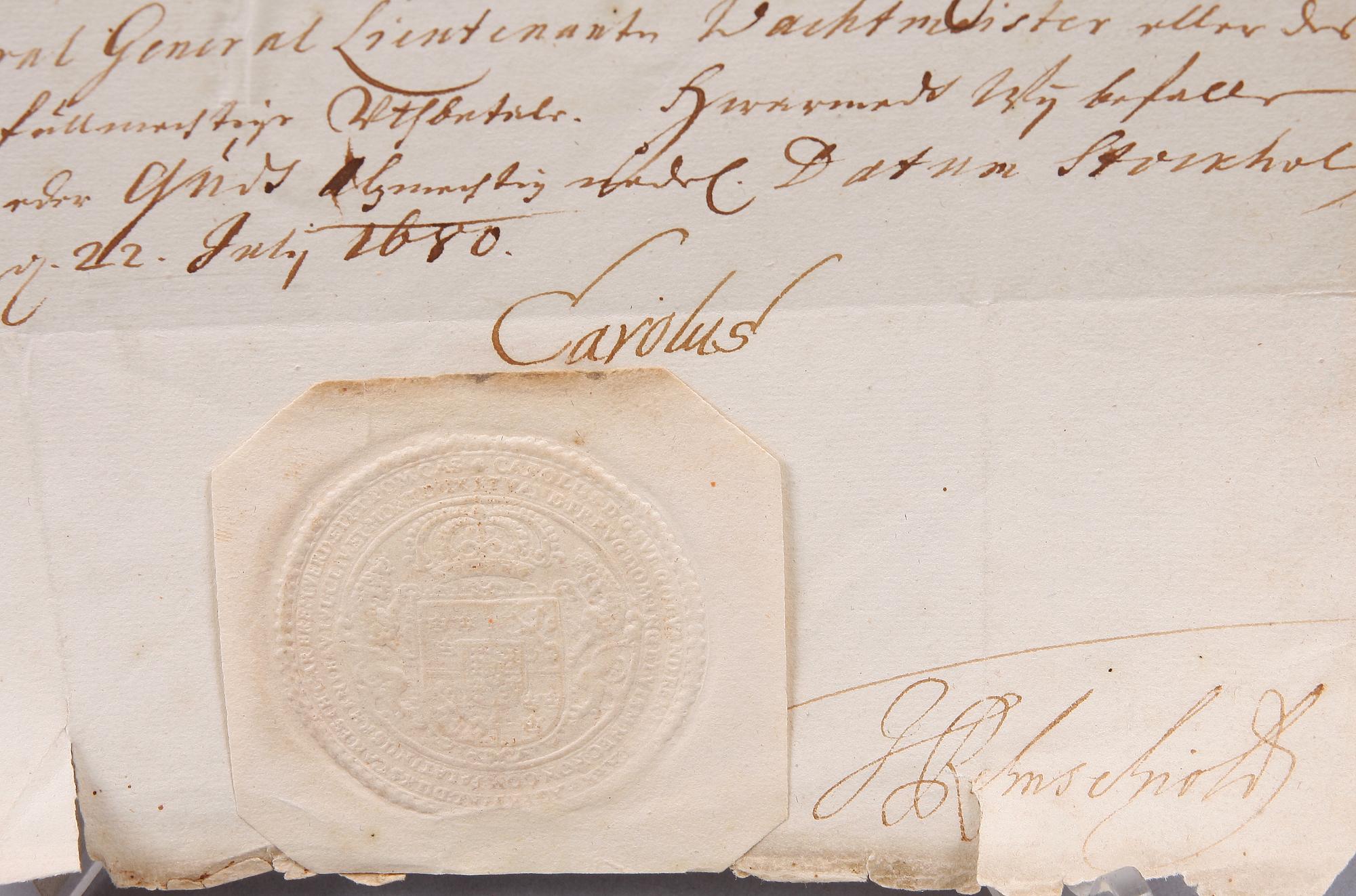 DOKUMENT MED AUTOGRAF, Karl XI av Sverige, sign o dat 1680.