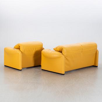 A "Maralunga" leather sofa and easy chair by Vico Magistretti, Italy.