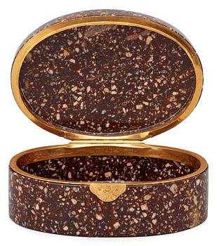 741. A porphyry and gold 18K snuff-box, makers mark of Johan Erik Sundström 1833 Stockholm.