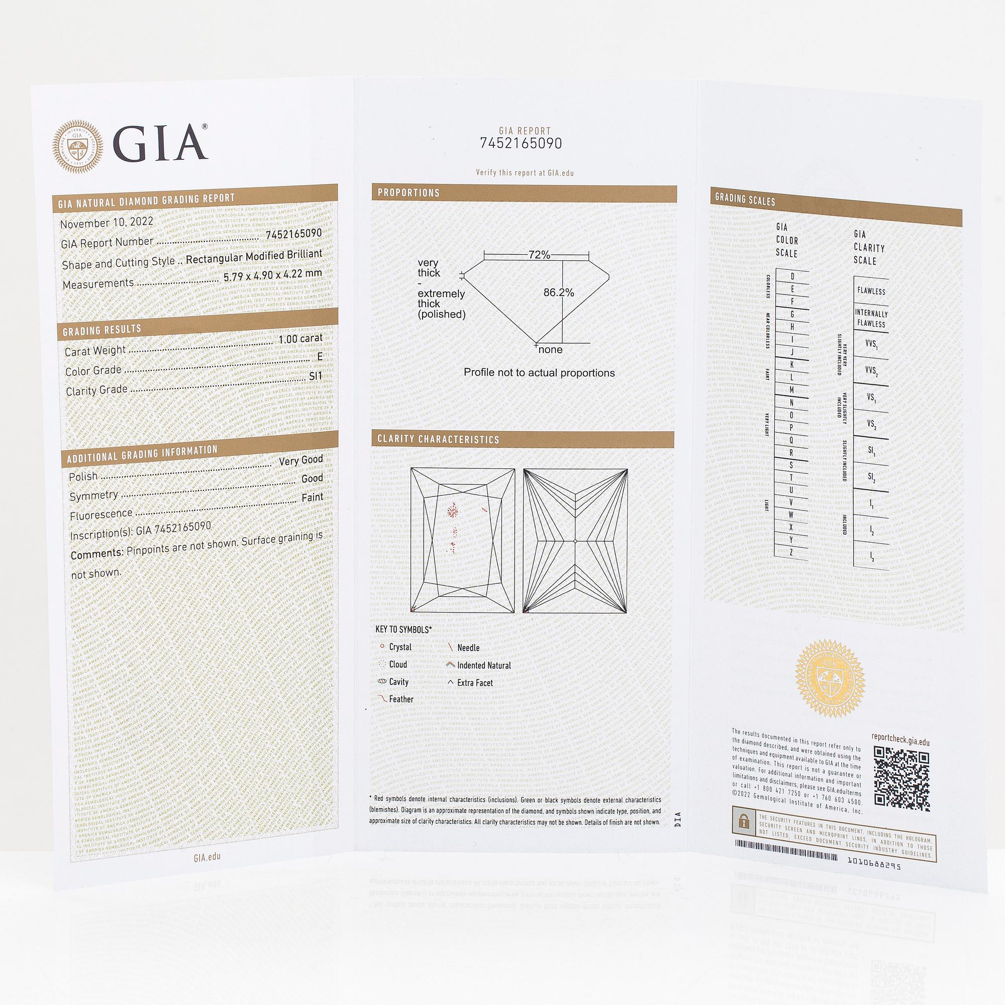 Ring, 18K vitguld, modifierad rektangulär briljantslipad diamant ca 1.00 ct. Malmin Korupaja Oy. Med GIA certifikat.