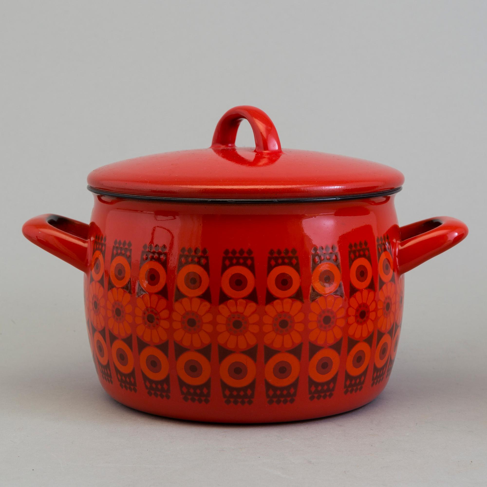 KAJ FRANCK, kastrull, kanna med lock samt skål, emaljerad plåt. Finel, Finland.