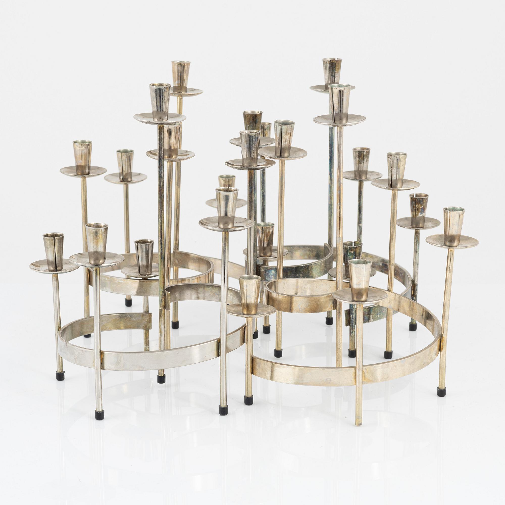 Harry Boström, kandelabrar, 4 st, vitmetall, 'Spiral', Bo Svensk.