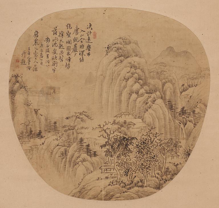 Four fan paintings and calligraphy, of landscapes and flowers, mounted as scrolls, late Qing dynasty/early 20th Century.