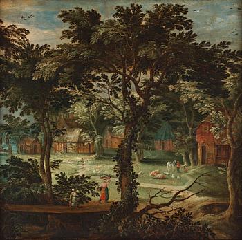 Adriaen van Stalbemt Circle of, Landscape with figured beside a village.