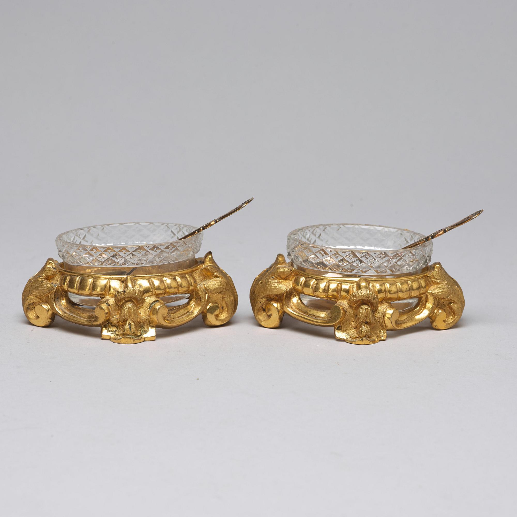 A pair of Swedish Neorococo salts with gilt spoons dated 1851.