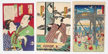 A set of three Japanese woodblock prints, including Kobayashi Ikuhide, later opart of the 19th Century.