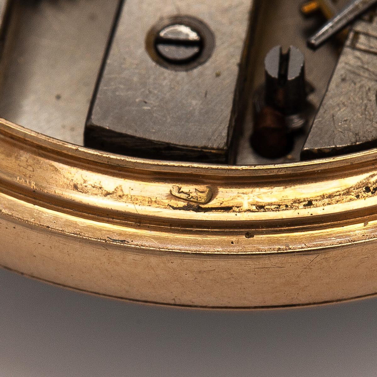 Pocket watch, Tobias, 34 mm, 14K gold, lever escapement, plastic crystal.