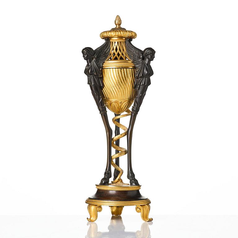 A French gilt and patinated bronze Empire-style brûle-parfum, later part 19th century.
