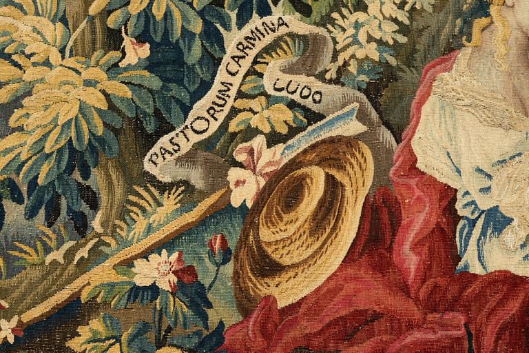 A tapestry, “La poesie pastoral”, tapestry weave, ca 251,5 x 283 cm, after Boucher, France 18th century.