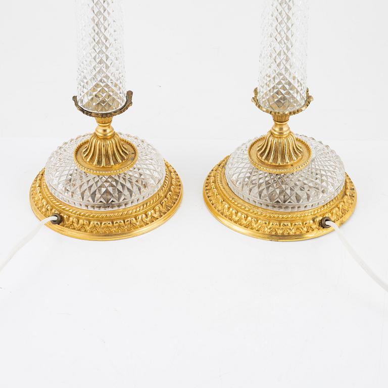A pair of Empire-style glass and cut glass table lamps, late 20th century.