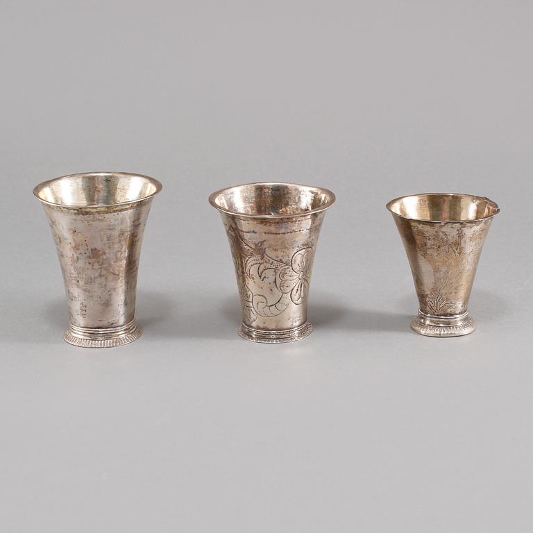 BÄGARE, 3 st, silver, bl a Sverige, 1700/1800-tal, vikt 132 gram.