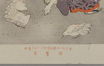 Ikeda Shoen (1884-1917), 'Feeding pigeons'.