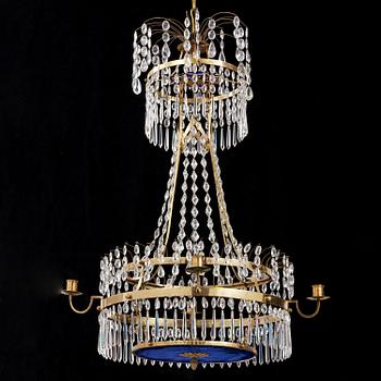 A late-Gustavian five-light gilt brass and cut glass chandelier, Stockholm, late 18th century.