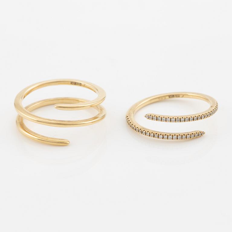 Engelbert, rings, 2 pcs, "Petit Spin ring" and "Double Spin ring", 18K gold, one with brilliant-cut diamonds.
