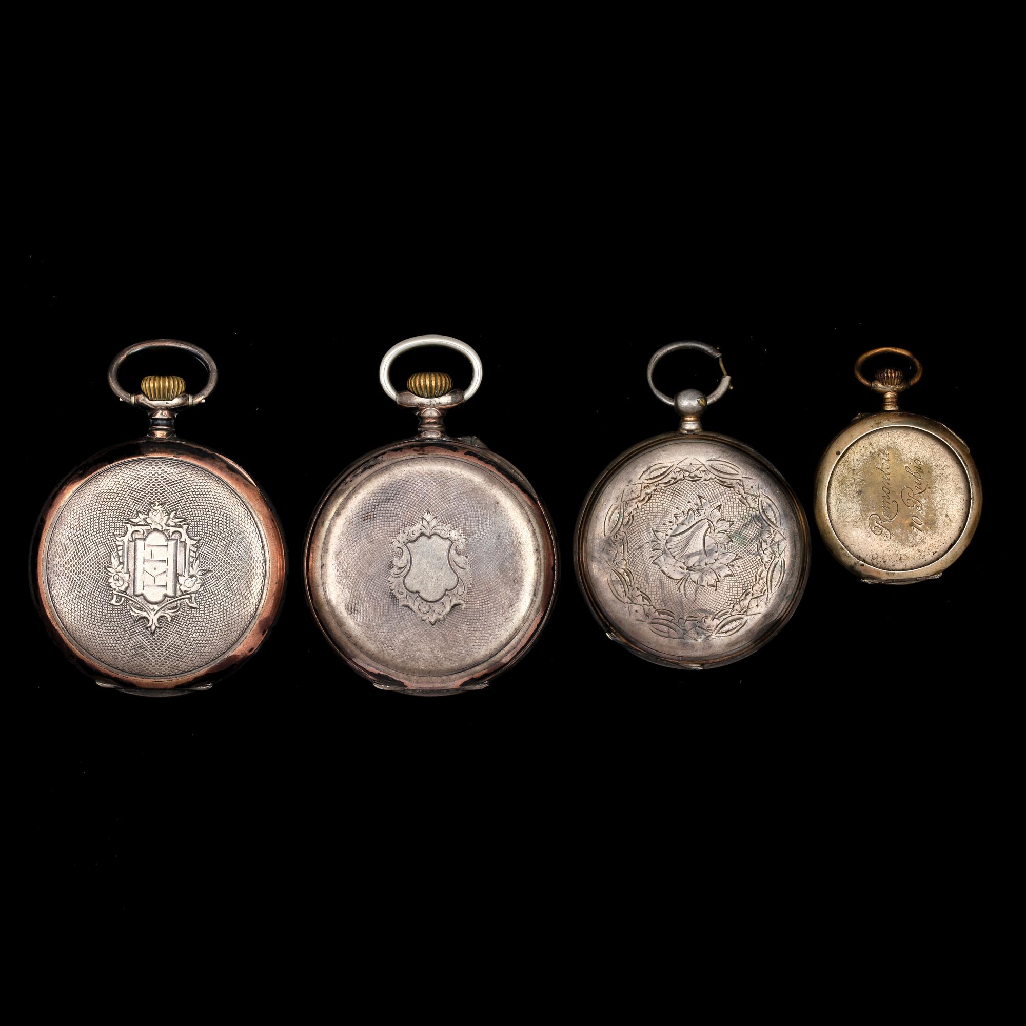 FICKUR, 4 st, vitmetall och silver, bla Carl Bergkvist, Falun, 1900-tal.
