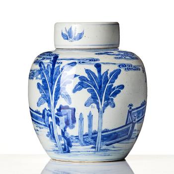 A finely painted blue and white jar with cover, Qing dynasty, 19th century. The cover, 17th century.