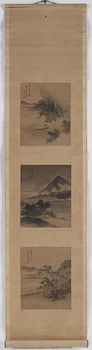 A scroll painting with three panels, ink and color on paper, 20th Century. Signed He Weipu (1842-1922/25).