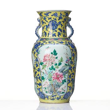 A famille rose yellow ground vase, late Qing dynasty.