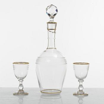 Liqueur set, glass and brass, first half of the 20th century.