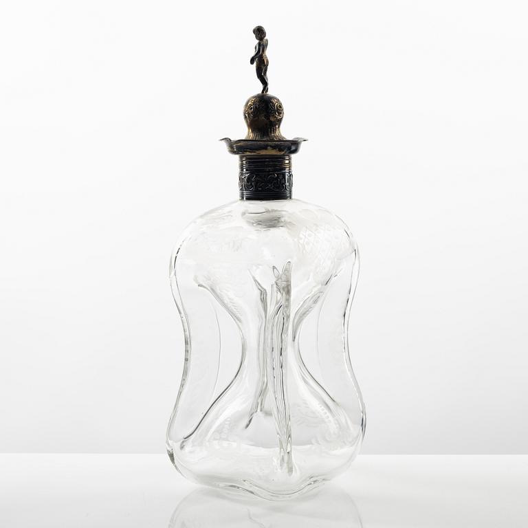 An etched glass and silver flask, later part of the 19th Century.