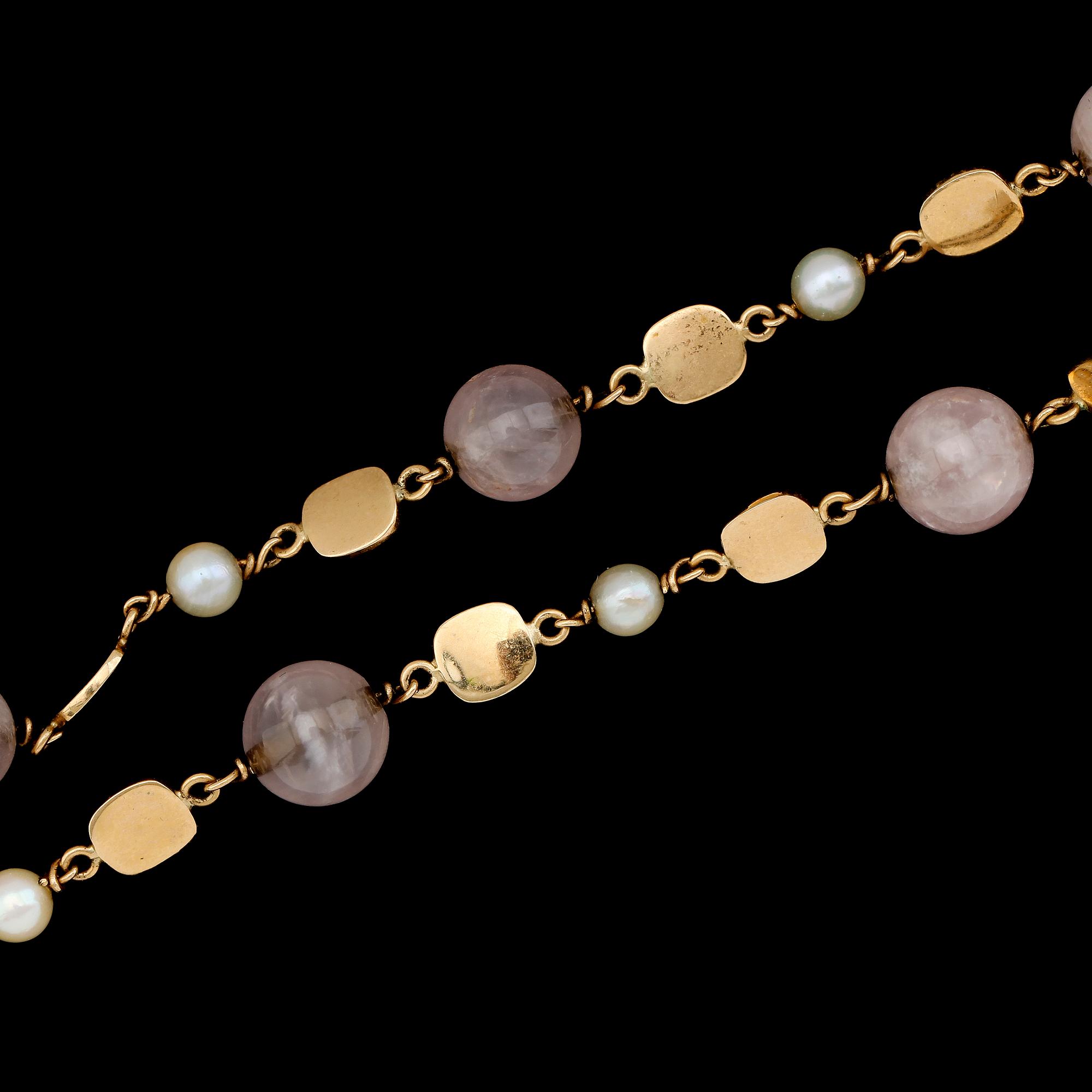 COLLIER, 18 k guld, odlade pärlor, rosenkvarts, svenska stämplar.