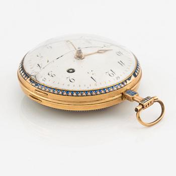 A Swiss or Hanau gold and enamel case pocket watch, first part of the 19th century.