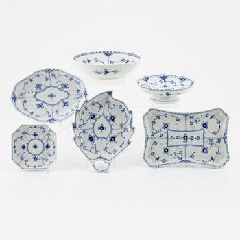 Nine porcelain dishes and bowls, half lace and Rifflet, 'Musselmalet', Royal Copenhagen, Denmark.