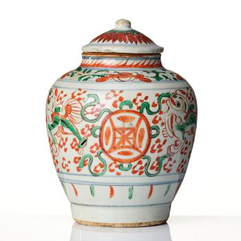 A wucai decorated jar with cover, Transition, 17th century.