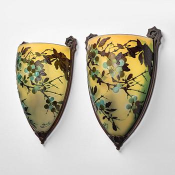 Emile Gallé, vägglampor, ett par, Nancy, Frankrike, Art Nouveau, 1900-talets början.