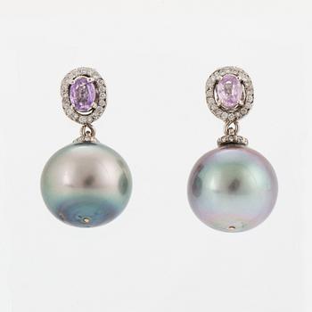 ÖRHÄNGEN, med odlade Tahitipärlor och rosa safirer.