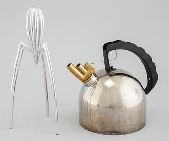 A citrus press by Philippe Starck and a kettle by Richard Sapper for Alessi in Italy, designed 1990 and 1983.