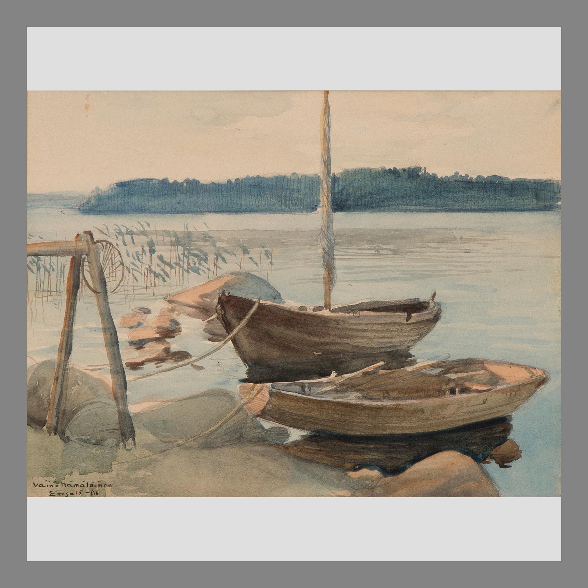 VÄINÖ HÄMÄLÄINEN, BÅTAR VID STRANDEN.