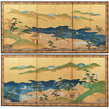 734. A pair of Japanese six panel screens, Edo period, 19th Century.