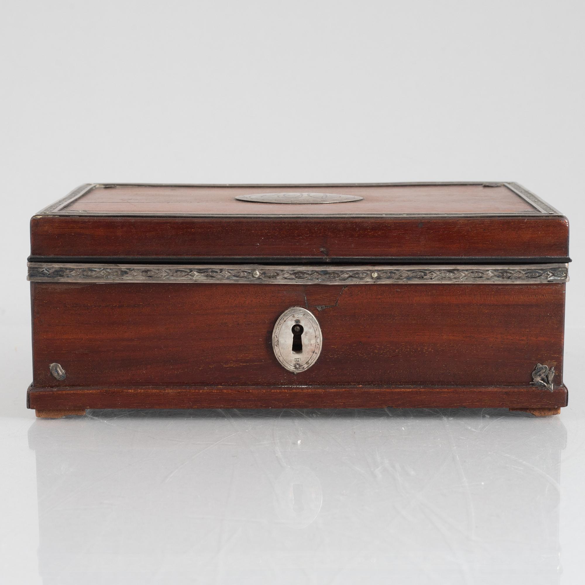 A late gustavian mahogany box with silver mounts by J. P. Möller, Helsingborg, early 19th century.