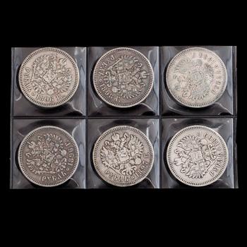 SILVERMYNT, 6 st, rubel, Ryssland, 1896-1899. Vikt ca 118 gram.