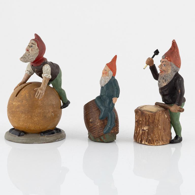 Money banks in the shape of gnomes, 3 pcs, earthenware, first half of the 20th century.