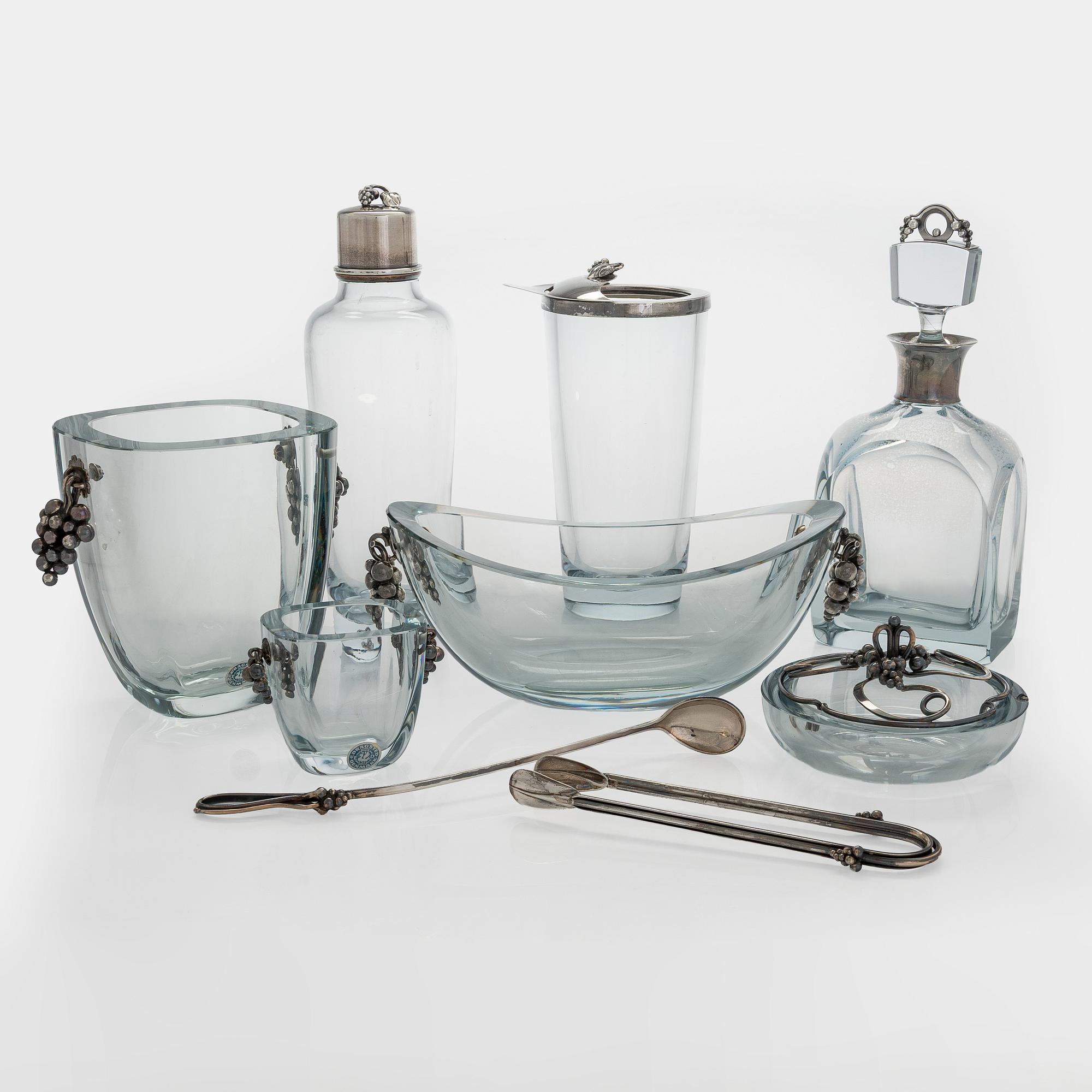 Aage Weimar, cocktail- och serverings set, 7 delar, sterlingsilver och glas, Danmark 1900-talets mitt.