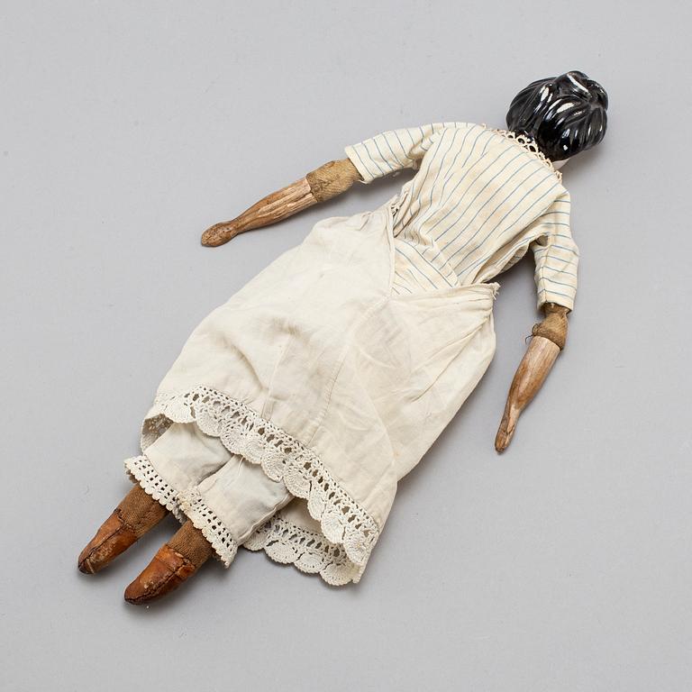 A china head doll and a 3 psc of doll furniture.