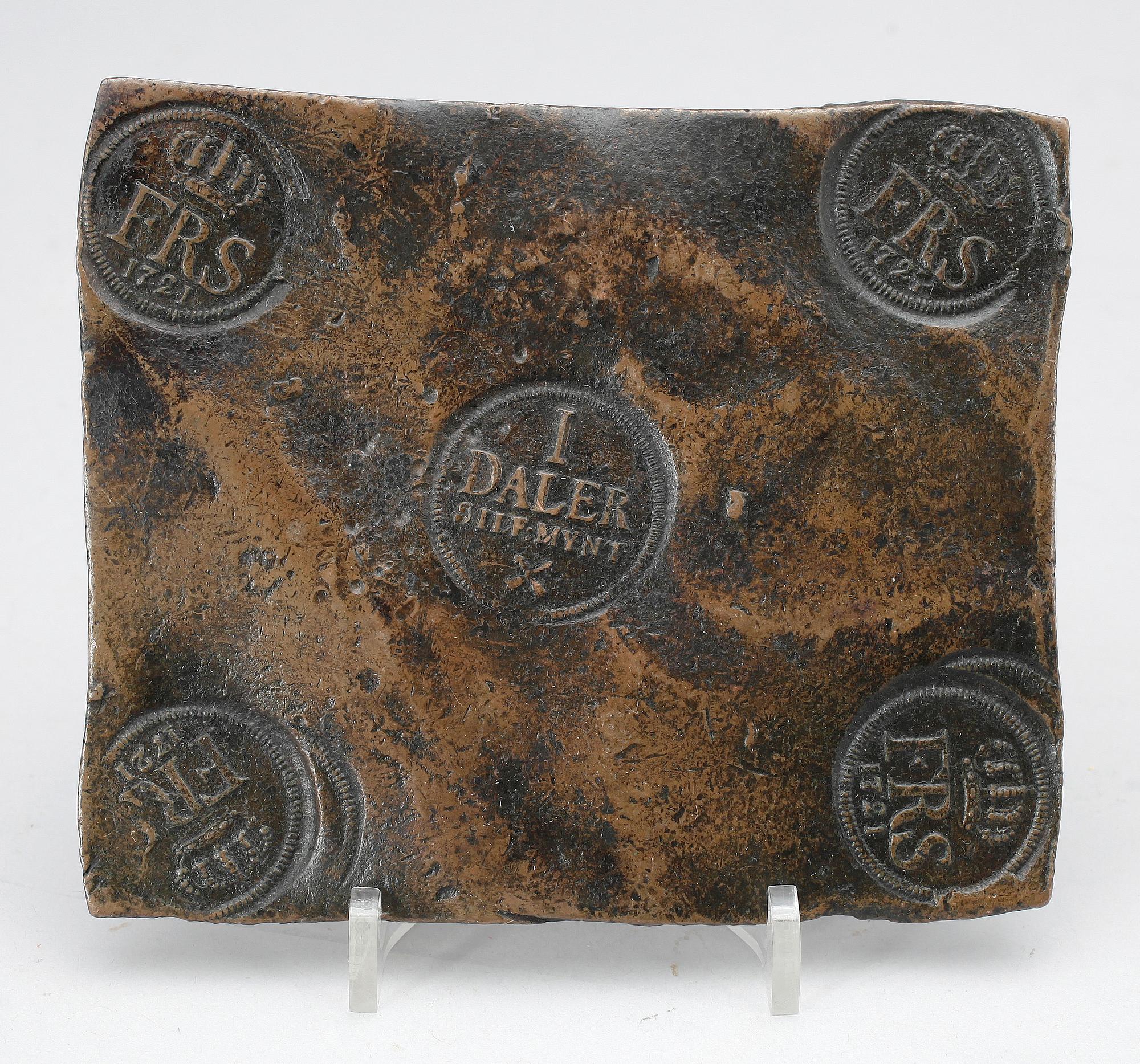 PLÅTMYNT, koppar, 1 daler silvermynt, Fredrik I, Sverige 1721.