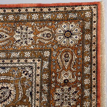 MATTO, semi-antique silk Qum, ca 269,5 x 179,5-182 cm  (as well as 1 and 2 cm flat weave at the ends).