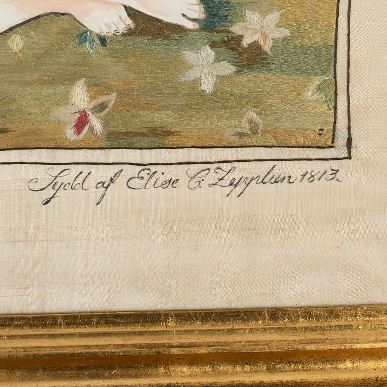 Sidenbroderi, signerat och daterad "Sydd af Elise G. Zepplien 1813".
