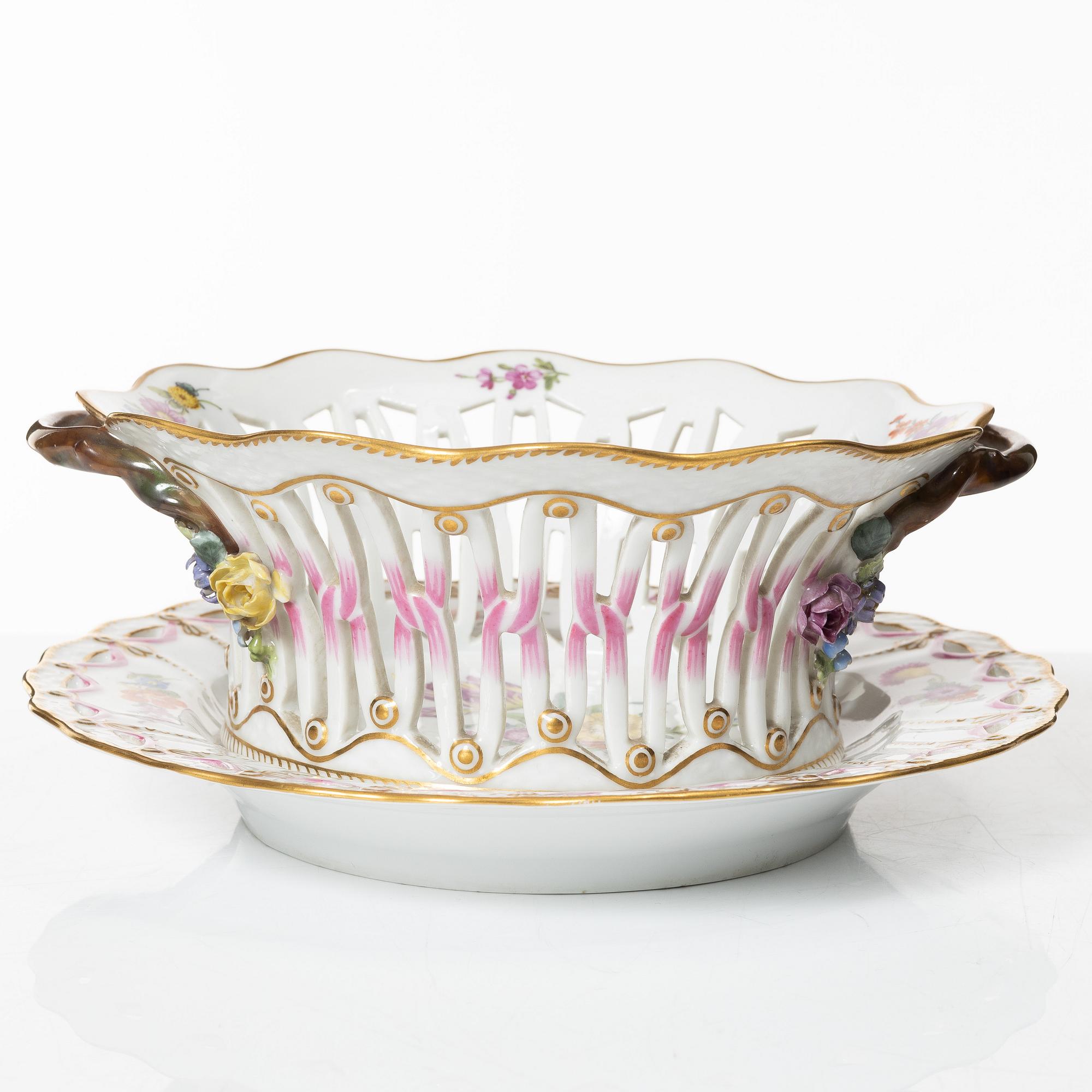 Royal Copenhagen, a 'Saxon Flower' basket on stand, Denmark, 1889-1922.