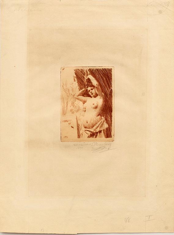 ANDERS ZORN, etsning i rött, 1891 (upplagan 15-20 exemplar, troligen endast ett fåtal i rött), signerad med blyerts.