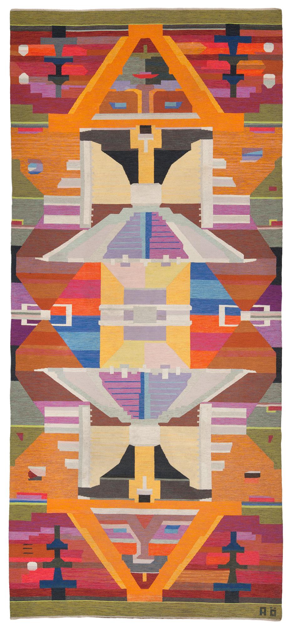 CARPET. Flat weave and tapestry weave (Rölakan and gobelängteknik). 603 x 270 cm. Signed AÖ woven as well as AGDA ÖSTERBERG 1964 embroidered at the back.