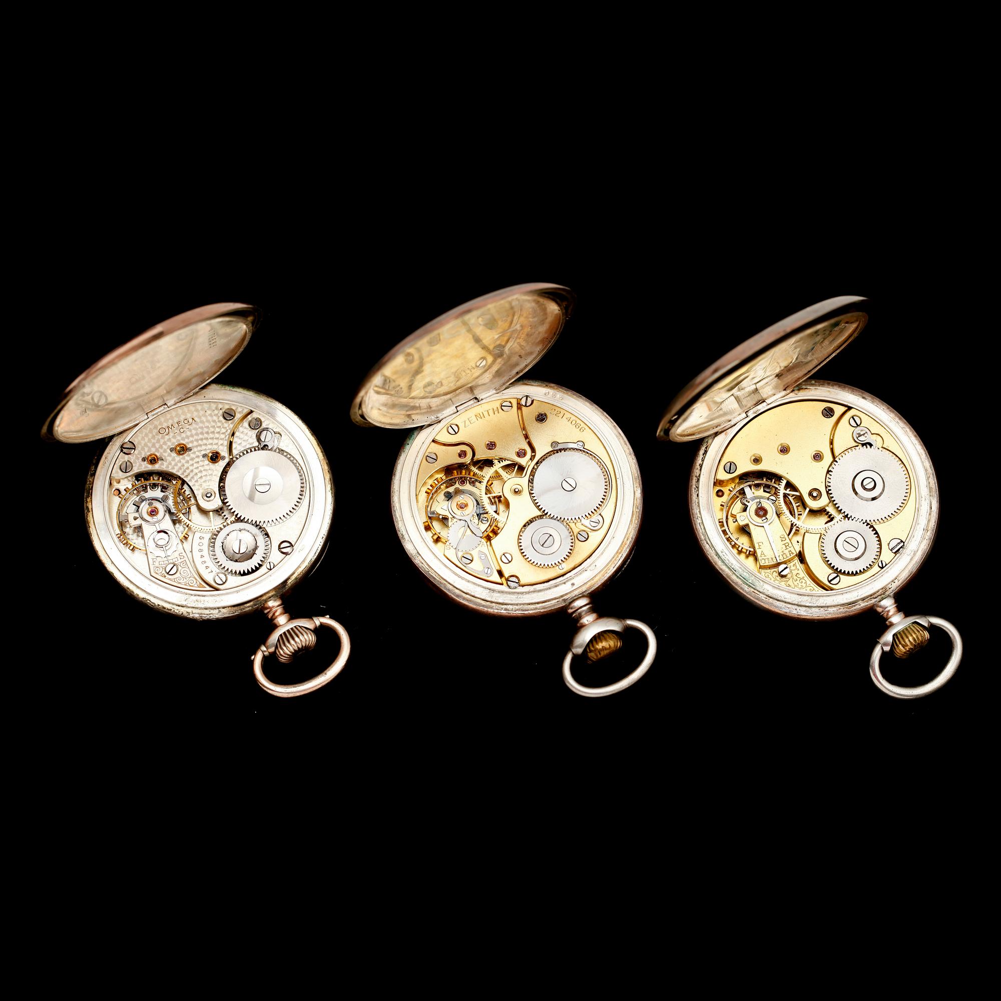 FICKUR, 3 st, silver, Omega, Zenith och John Eriksson, Sollefteå, tidigt 1900-tal.