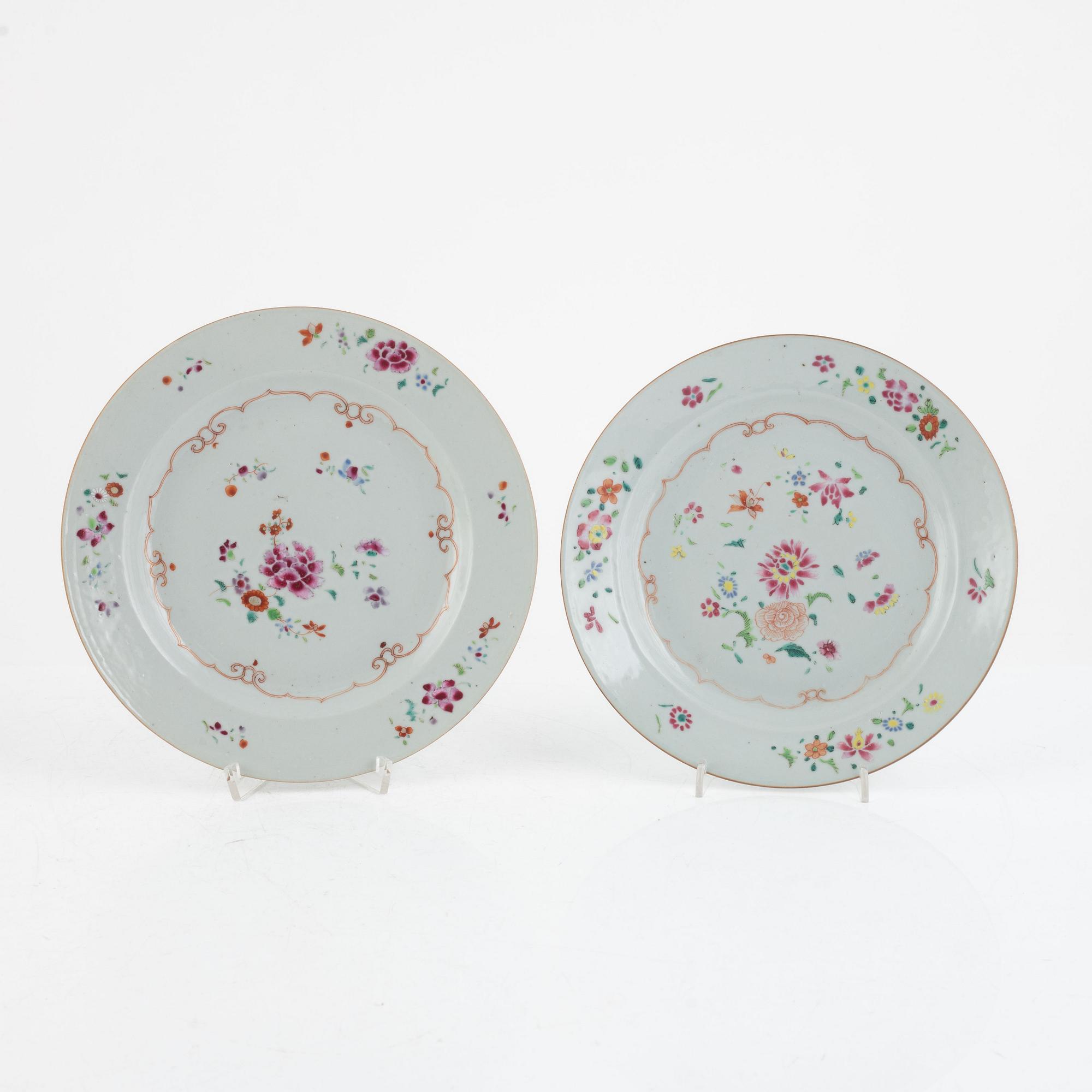 A set of five Chinese porcelain famille rose plates and one 'double peacock' plate, Qing dynasty, Qianlong (1736-95).