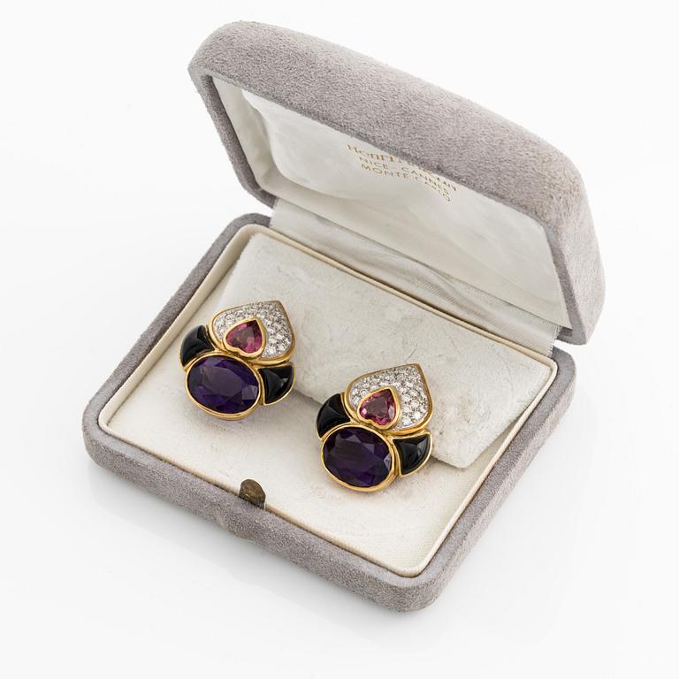 Earrings, likely Henri Martin, clip-ons, 18K gold with pink tourmaline, onyx, amethyst, and brilliant-cut diamonds.