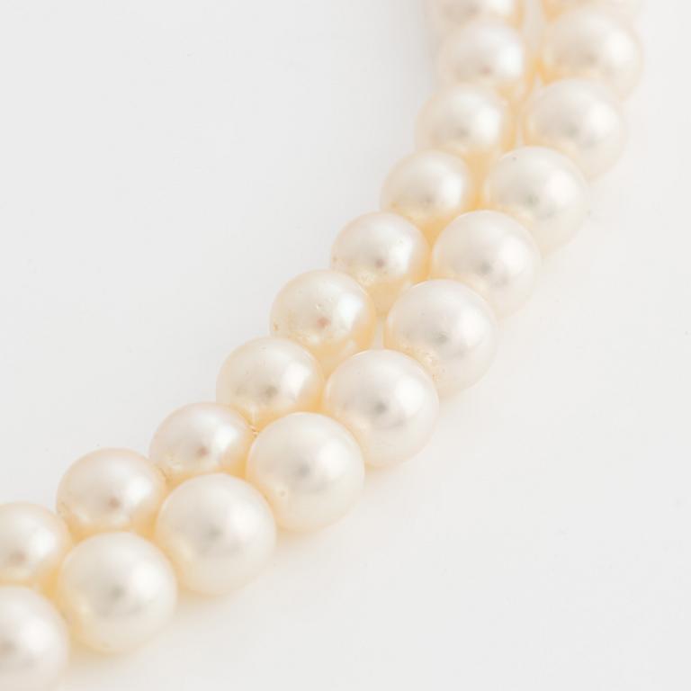 A two strand cultured pearl necklace.