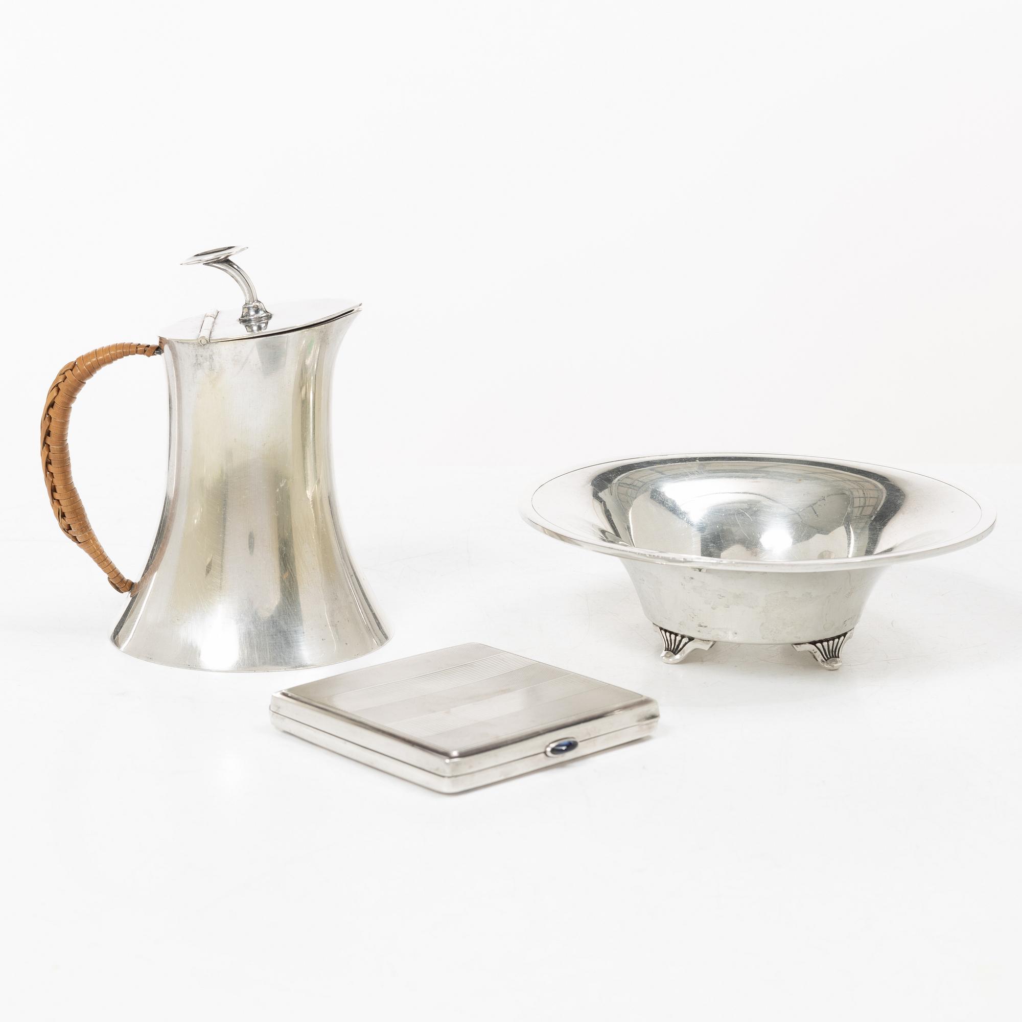Bowl and cigarette case, silver, with accompanying nickel silver jug.